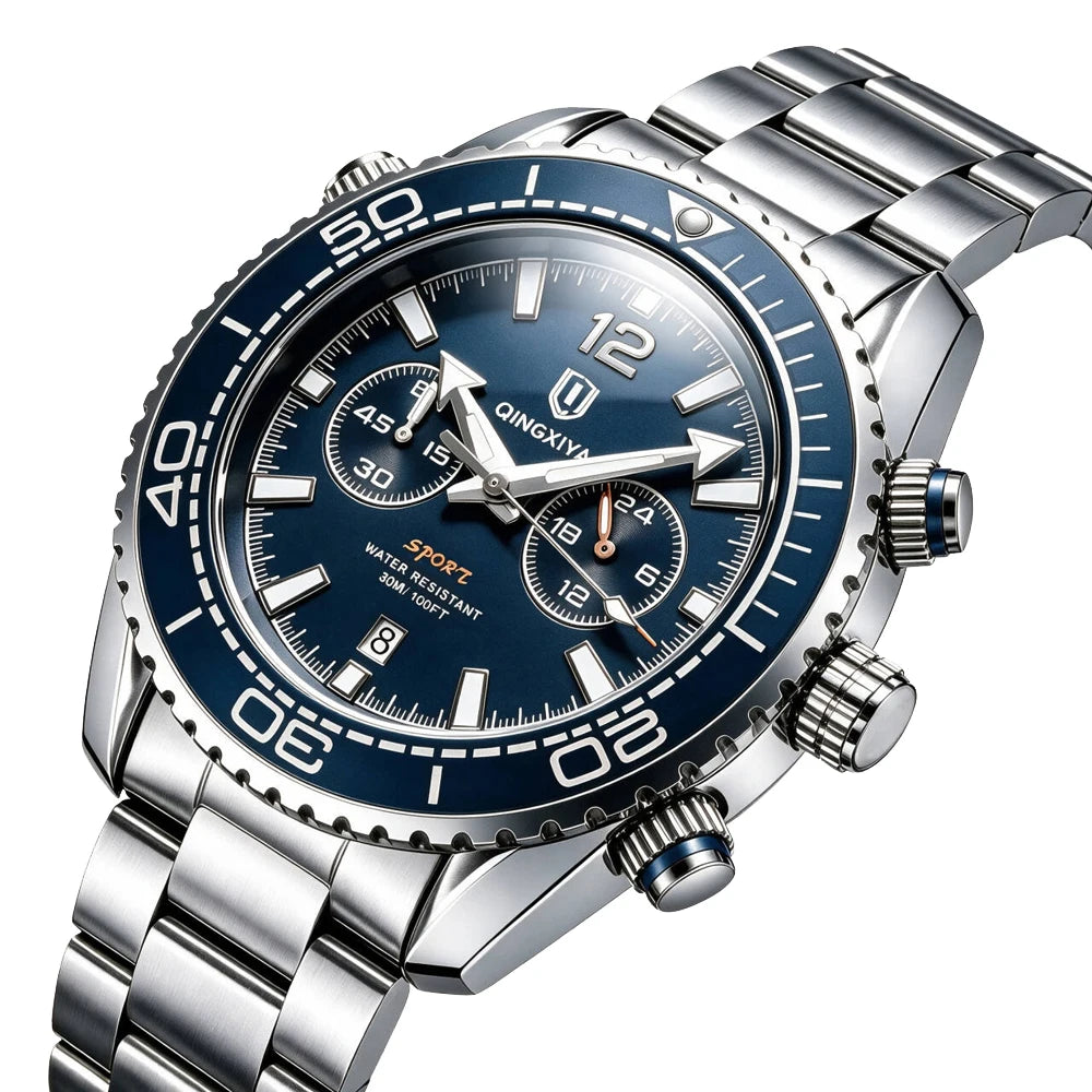 Luxury men’s wristwatch by QINGXIYA, water-resistant sports chronograph with luminous date display, casual men’s quartz watch