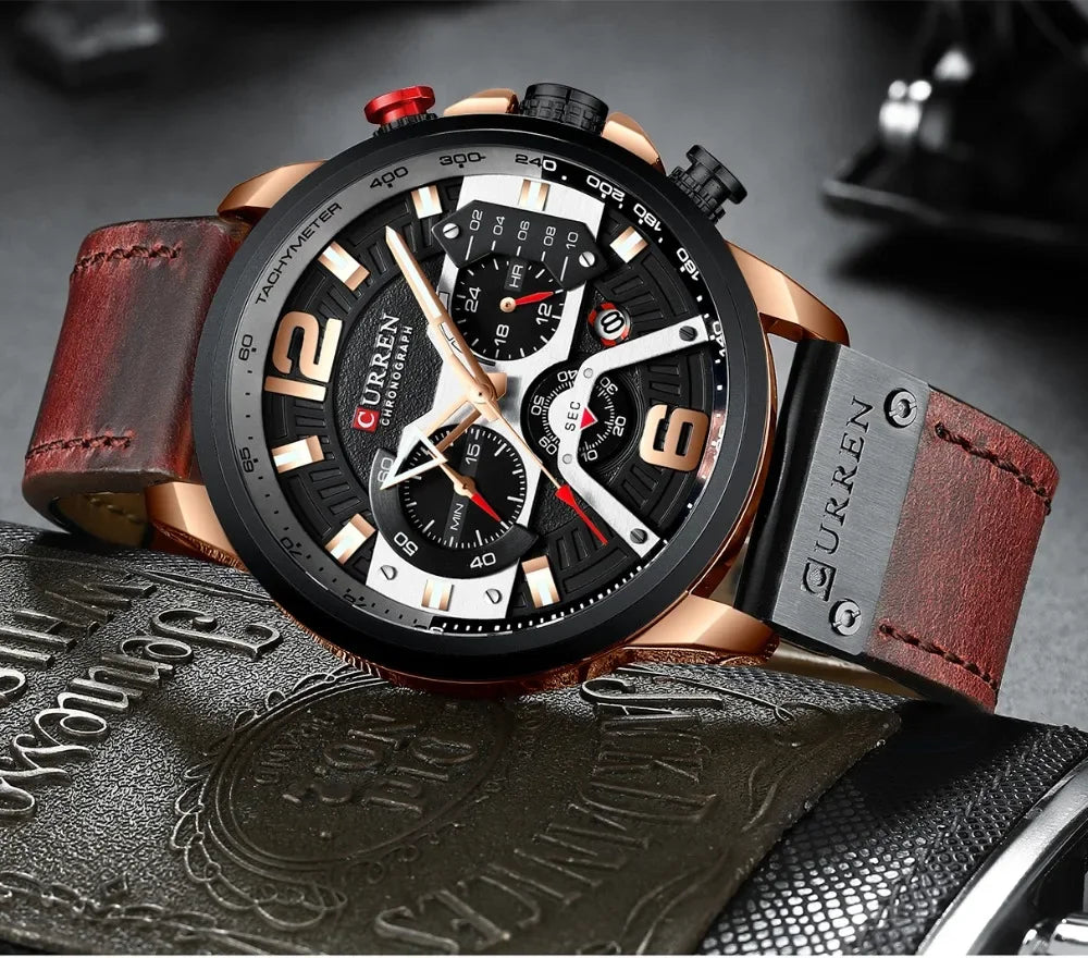 CURREN 8329 Men’s Watch – Casual sporty style, military-inspired design, leather strap, trendy chronograph, luxury watch from a leading brand