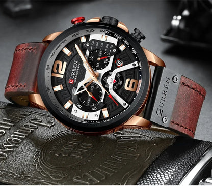 CURREN 8329 Men’s Watch – Casual sporty style, military-inspired design, leather strap, trendy chronograph, luxury watch from a leading brand