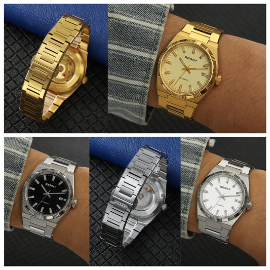 BERNY men’s automatic watch, gold-coloured, sapphire crystal, luminescent hands, 100% genuine, fitted with a PT5000 movement, anti-reflective coating, luxury model with interchangeable bezel, water-resistant to 5 ATM.