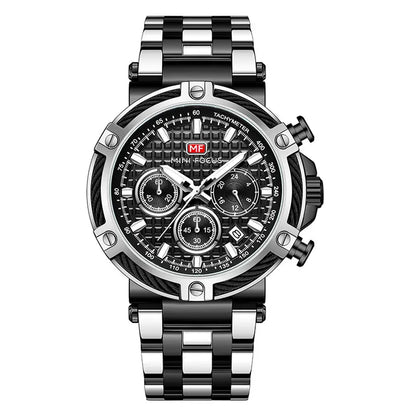 MINI FOCUS Black Stainless Steel Quartz Watch Men Fashion Luminous Dress Wristwatch with Date 24-hour Display Chronograph 0470
