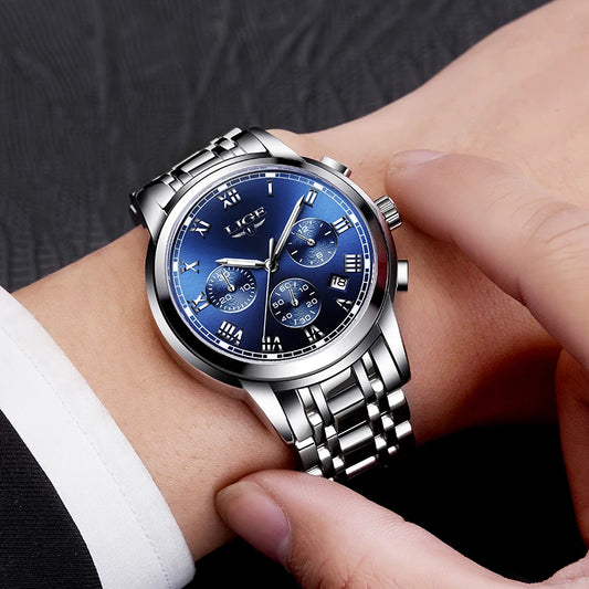LIGE Men’s Watch – Luxury chronograph, casual sporty style, water-resistant, all-steel, quartz movement