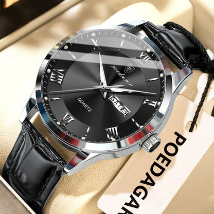 Trendy POEDAGAR men’s watch, leather strap, date and day display, luxury quartz watch, water-resistant, luminous, casual business style.