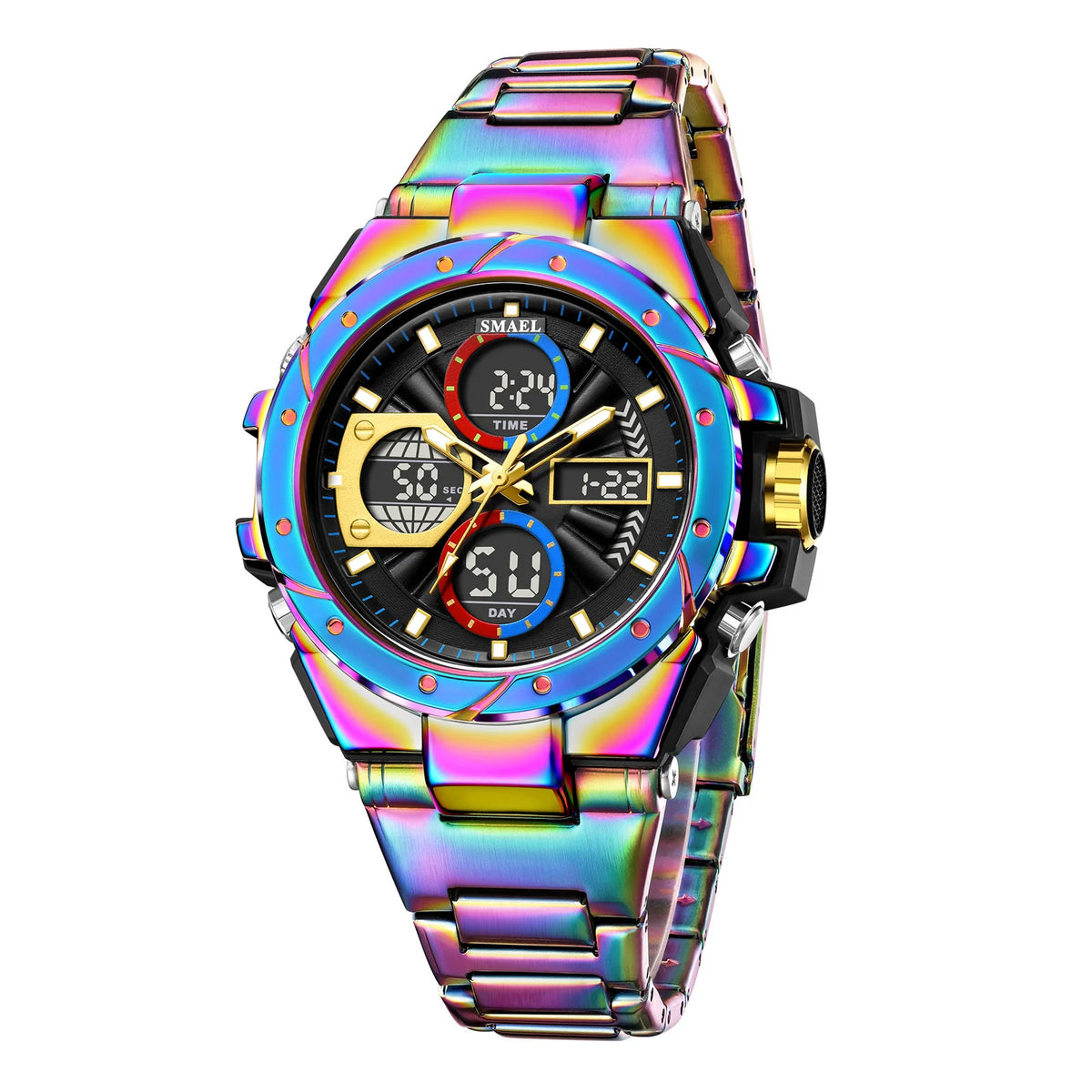 Herrklocka SMAEL 8160 – Militärinspirerad sportmodell, analog och digital, i rostfritt stål – Vattentät, med LED-display, alarm, kronograf och stoppur