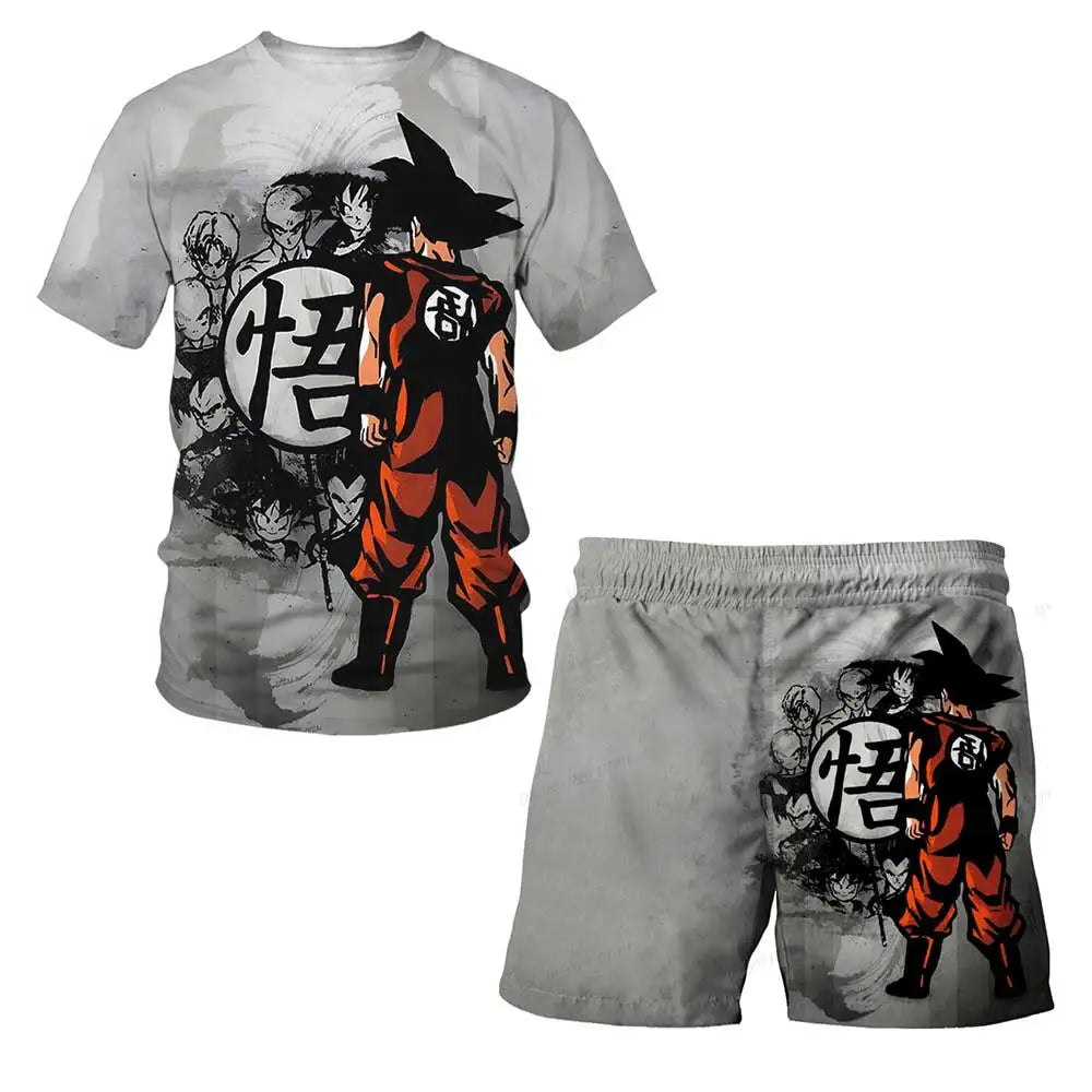 Japanisches Cartoon-Dragon-Ball-Z-T-Shirt, Kinder-Oberteil, T-Shirt- und Shorts-Zweiteiler für den Sommer, Jungen-T-Shirt + Shorts, Strandshorts