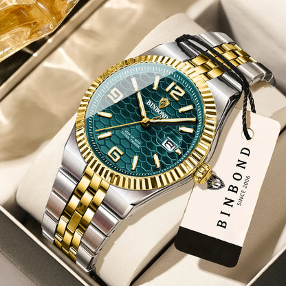 BINBOND luxury quartz wristwatch, luminous, water-resistant, automatic date, for men, stainless steel, business, sport, fashion and casual styles.