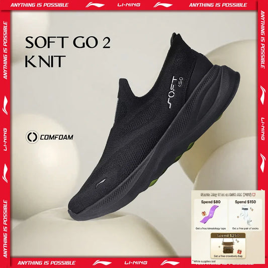 Pánske nazúvacie voľnočasové vychádzkové topánky Li-Ning SOFT GO 2 KNIT – tlmené, pohodlné a stabilné sieťované športové tenisky LiNing na beh a každodenné nosenie AGLV017