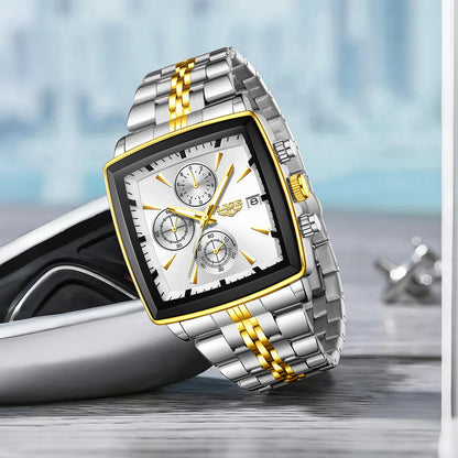 LIGE luxury men’s watches, square model, classic and trendy style, stainless steel, water-resistant, sporty and casual, with quartz movement.