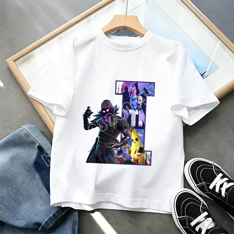Fortnite A-Z Alphabet Print T-Shirt Summer Kids White Clothing Popular Cartoon Game T-Shirt Fashion Casual Short Sleeve Top Gift