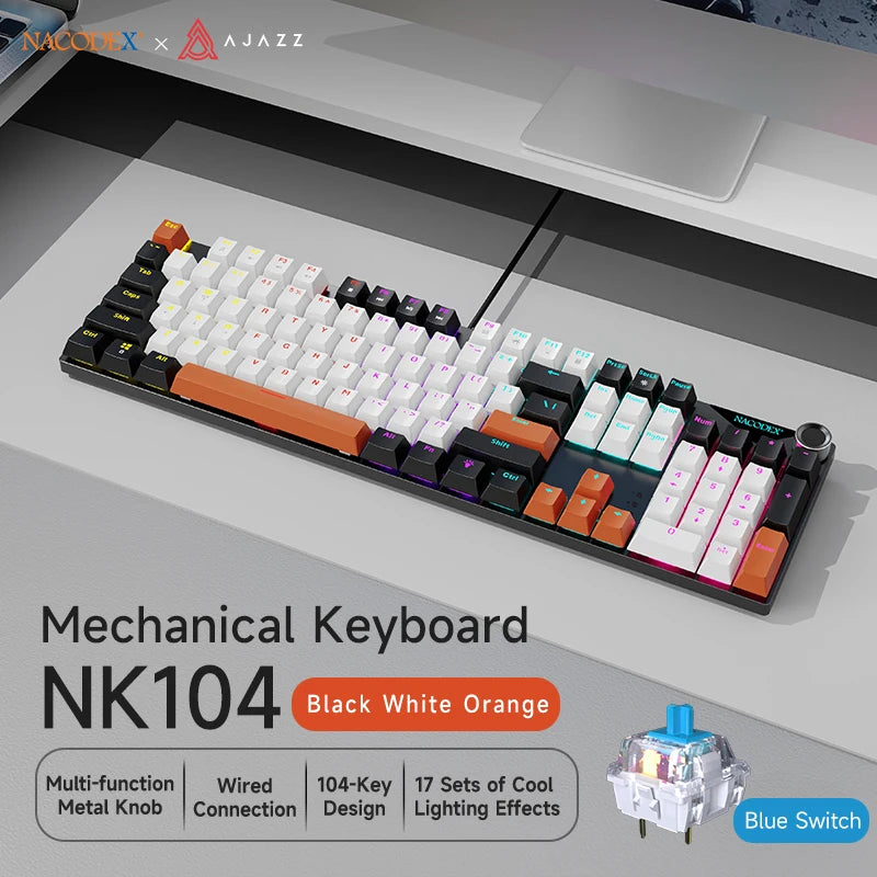 Teclado Mecânico AJAZZ NK104 com Fio, Teclas de Dupla Injeção, 104 Teclas, Hot-Swapping, Retroiluminação LED Híbrida, Teclado Gamer para Portátil e PC