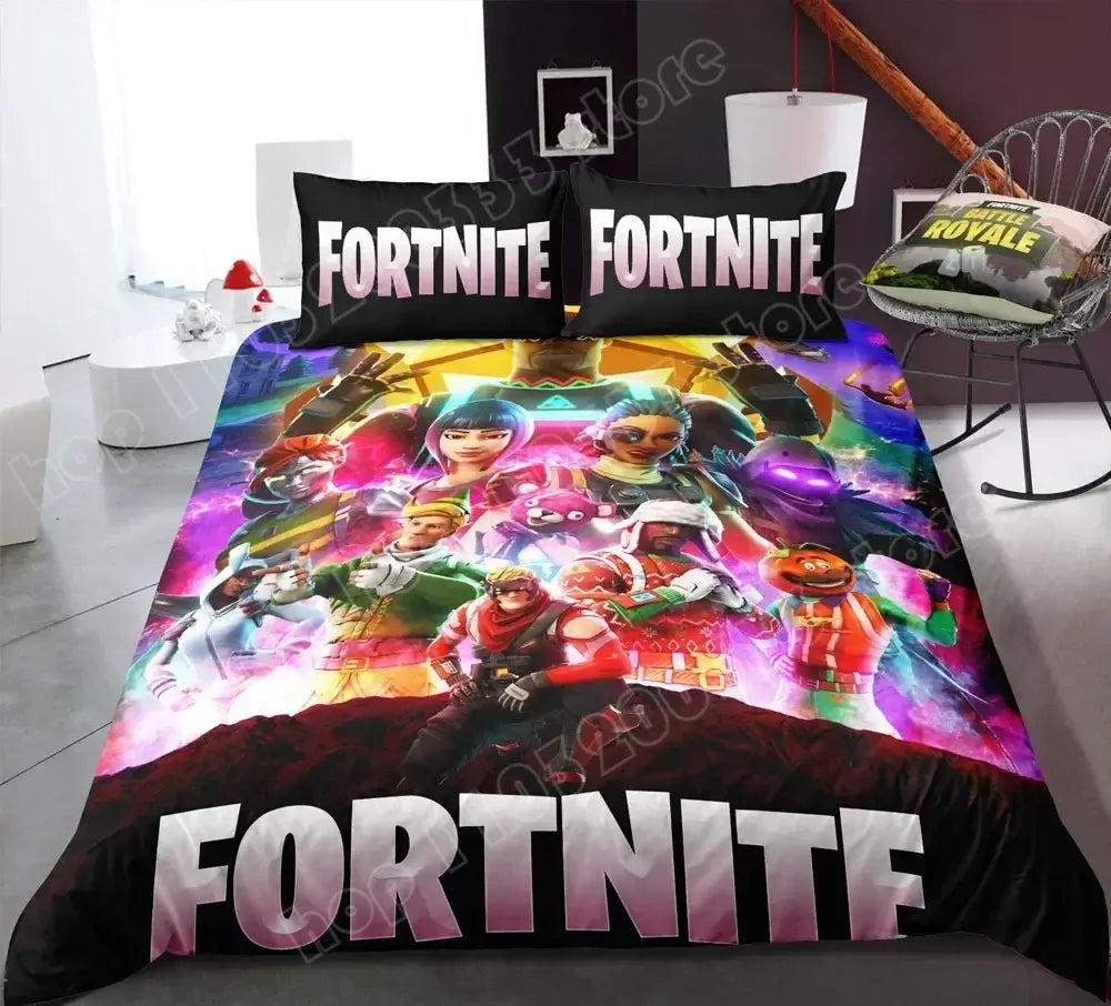 Спален комплект Fortnite с плик за завивка, 3 части, 3D принт, спално бельо за спалня, игра, аниме, анимационна калъфка за възглавница, декорация за стая, подаръци