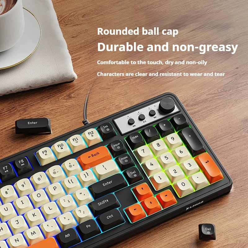 Teclado de escritório gaming EWEADN G98, membrana com retroiluminação arco-íris, USB com fio, externo e silencioso, teclado numérico, design digital