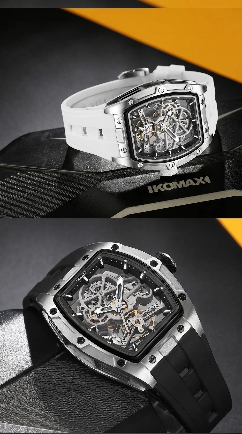 MEGIR men’s mechanical watch, tonneau shape, open-worked skeletonised dial, sporty style, silicone strap, luxury automatic watch