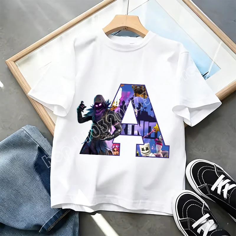 Fortnite A-Z Alphabet Print T-Shirt Summer Kids White Clothing Popular Cartoon Game T-Shirt Fashion Casual Short Sleeve Top Gift