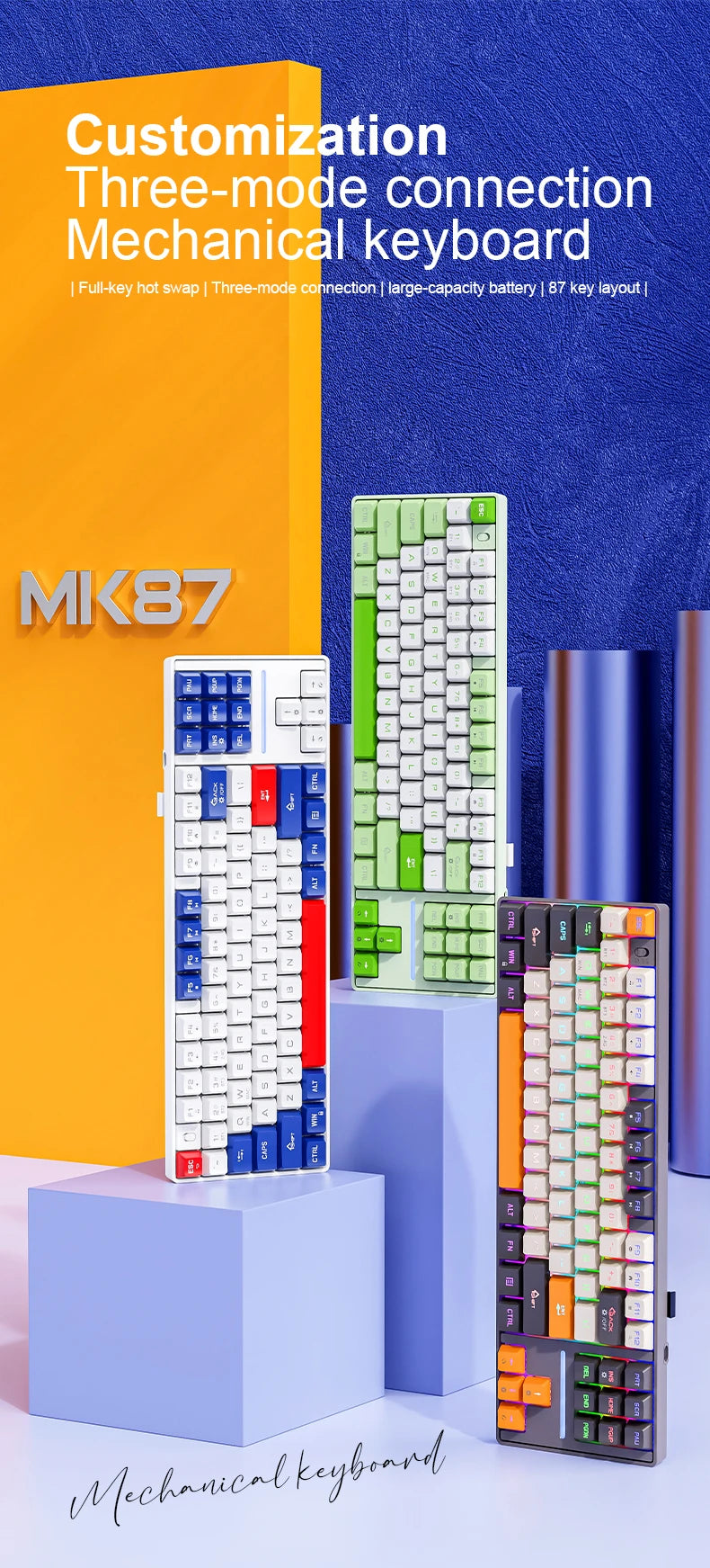 SMAILWOLF MK87 teclado mecânico sem fios Bluetooth para e-sports, com teclas completas, hot-swap e personalização