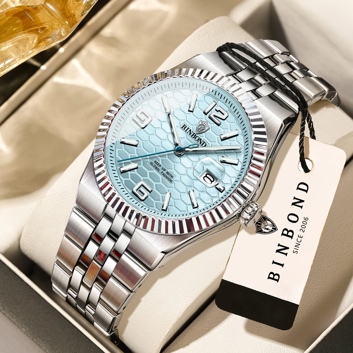 BINBOND luxury quartz wristwatch, luminous, water-resistant, automatic date, for men, stainless steel, business, sport, fashion and casual styles.