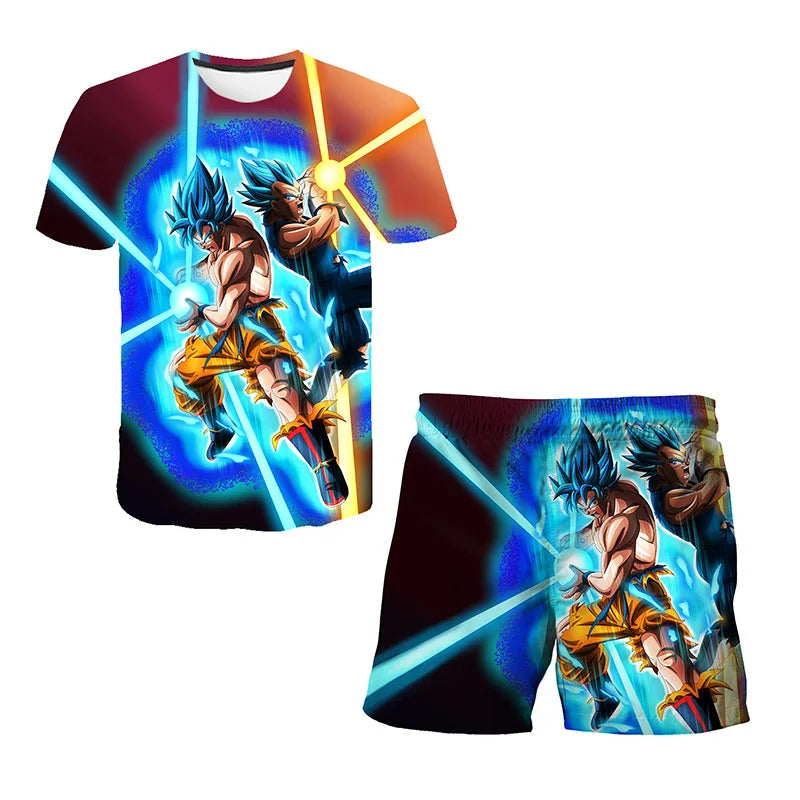 Japanisches Cartoon-Dragon-Ball-Z-T-Shirt, Kinder-Oberteil, T-Shirt- und Shorts-Zweiteiler für den Sommer, Jungen-T-Shirt + Shorts, Strandshorts