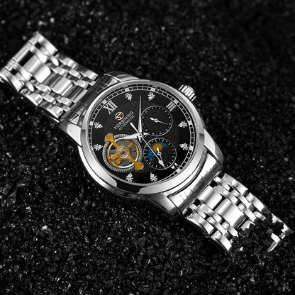 Forsining mekanisk automatisk herreur – Luksus-, forretnings- og modestil, metalarmbånd, tourbillon, selvlysende visere, prydet med syntetiske diamanter