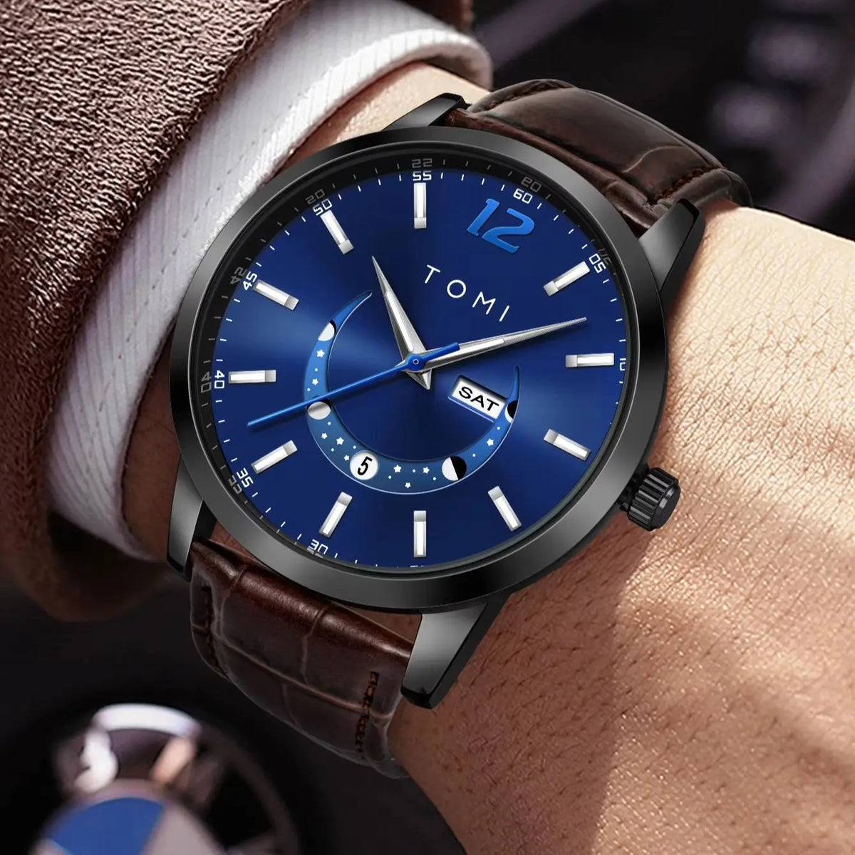 Orologio al quarzo TOMI, dallo stile elegante e professionale, con cinturino in pelle, cassa in lega e quadrante con lancette – Design di alta gamma, idea regalo per uomo