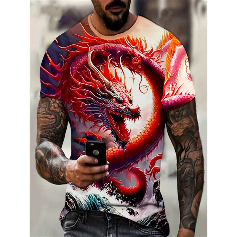 T-Shirt mit Drachen- und Phönix-Motiv für Herren – Tiermotive – 3D-bedruckte T-Shirts – Sommer – Freizeit – Kurzarm – Rundhalsausschnitt – Oversize – Streetwear-T-Shirts – Oberteile