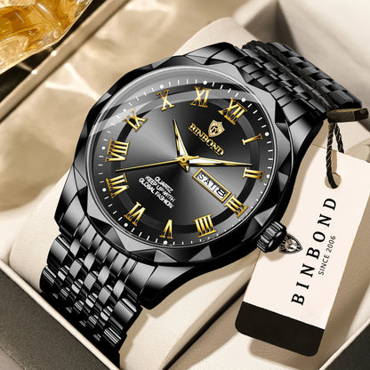 BINBOND Original Brand luxury quartz wristwatch for men, luminous, water-resistant, automatic date, day-of-the-week display, casual style.