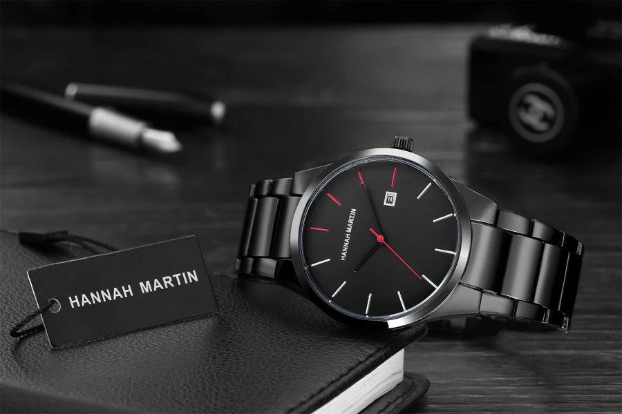 Hannah Martin férfi karóra, rozsdamentes acél tok, kvarc szerkezet, 41 mm-es számlap, üzleti stílus, naptárkijelzéssel (utánzat)