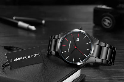 Hannah Martin férfi karóra, rozsdamentes acél tok, kvarc szerkezet, 41 mm-es számlap, üzleti stílus, naptárkijelzéssel (utánzat)