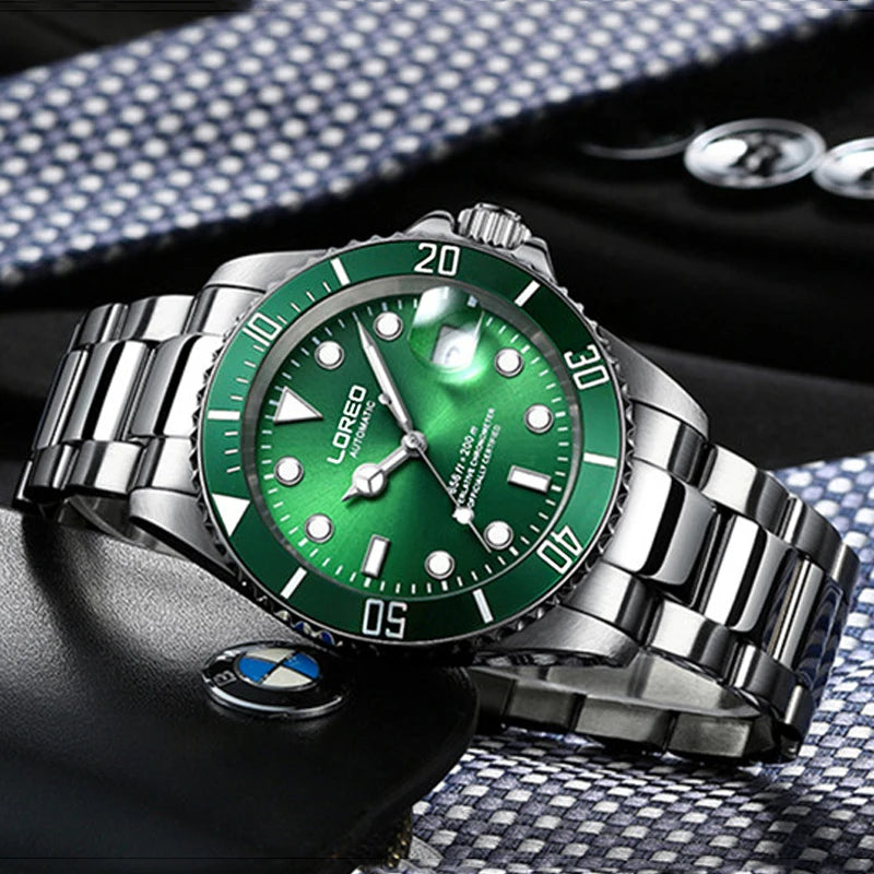 LOREO New Sapphire Glass Automatic Mechanical Watch Luxury Steel 200m Waterproof Business Watch Men Watches Reloj Hombre