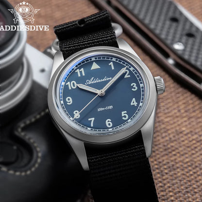Relógio analógico masculino ADDIESDIVE 36mm com vidro espelhado bolha, 100m à prova de água, luminoso, simples, em quartzo, com bracelete em nylon