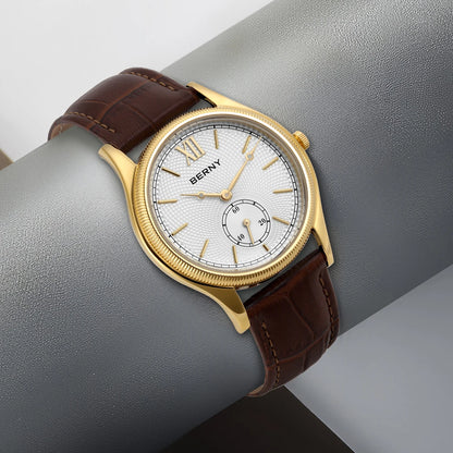 BERNY Luxury Watches for Men Classic Elegance Slim Dress Gold Quartz Men's Watch Leather Strap Fashion Business Wristwatch