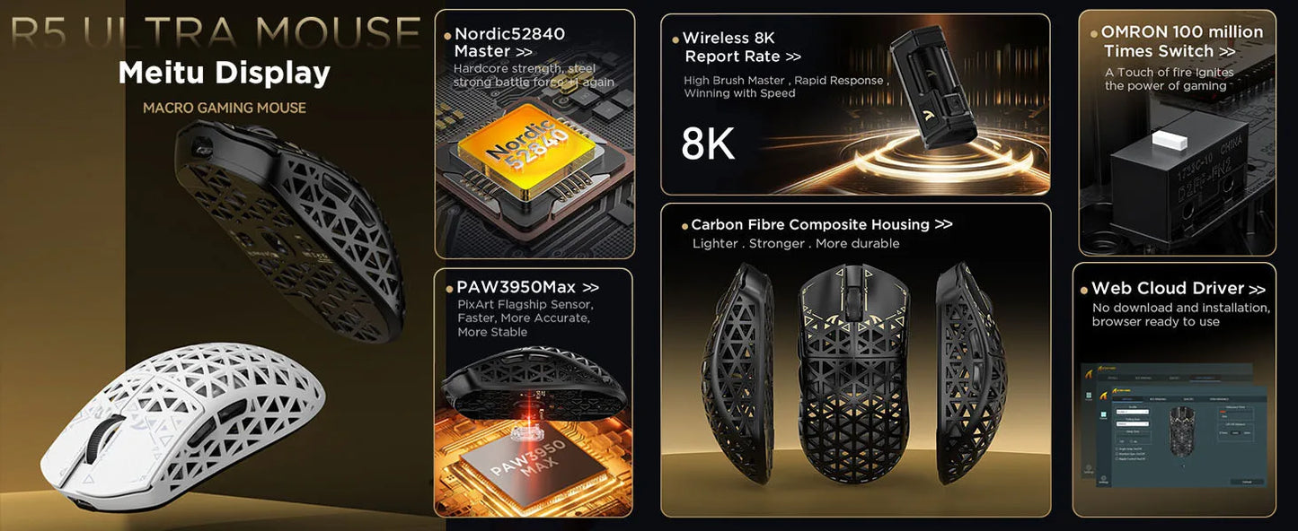 Mouse de gaming wireless ATTACK SHARK R5 Ultra 8K din fibră de carbon, cu senzor 42000 DPI-PAW3950 MAX - ultra-ușor, 39g, pentru Win/Mac