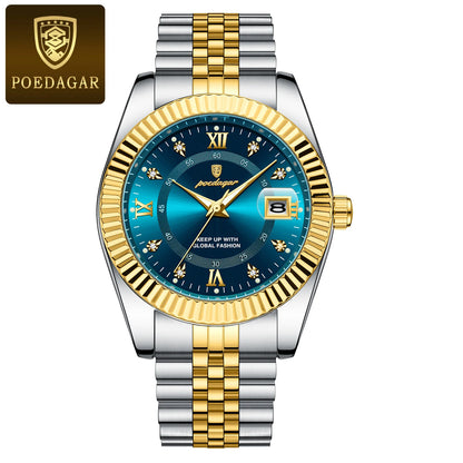 Reloj para hombre POEDAGAR: modelo de lujo, resistente al agua, de acero inoxidable, con pantalla luminiscente, estilo militar, función de fecha, mecanismo de cuarzo, ideal para el trabajo o para ocasiones profesionales.