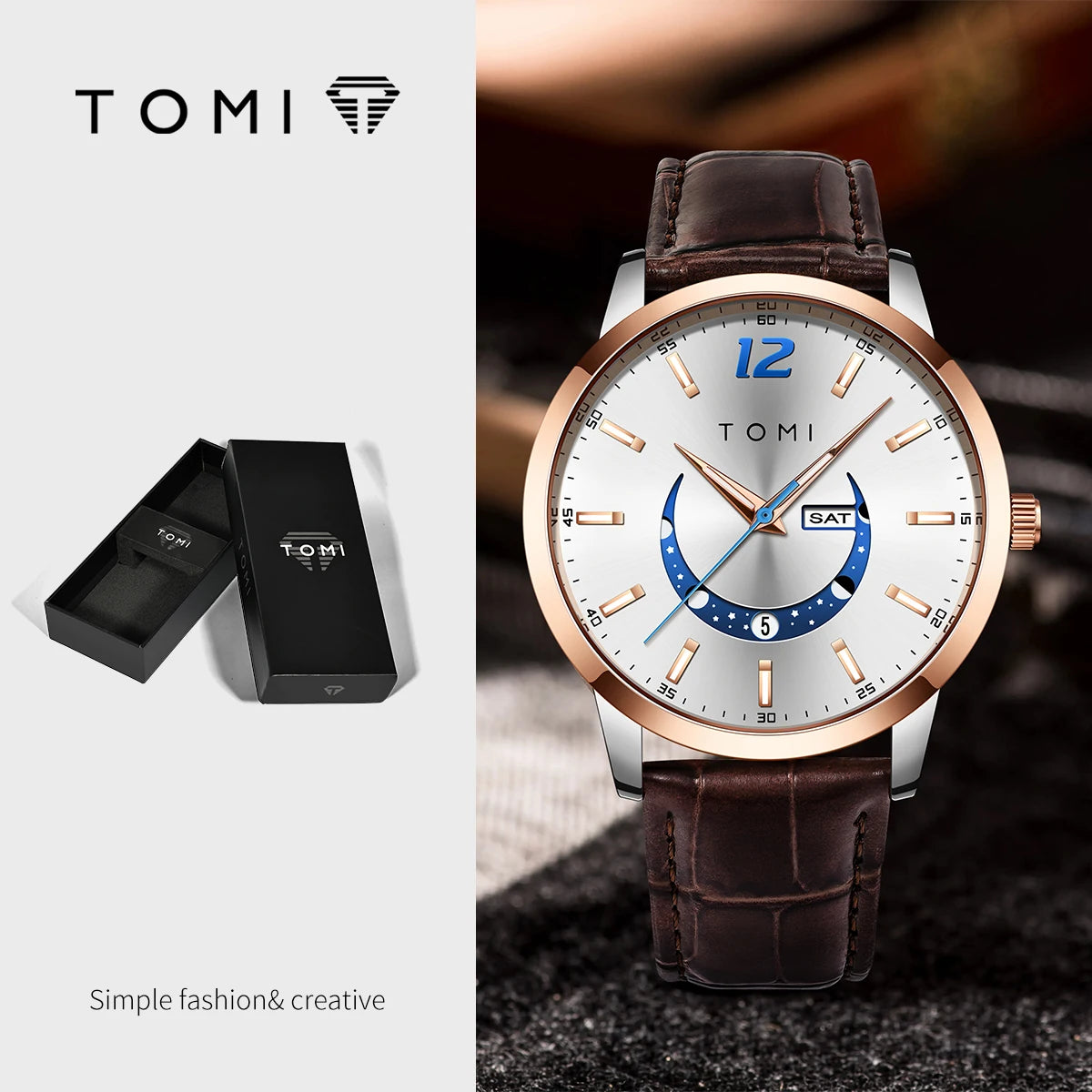 Orologio al quarzo TOMI, dallo stile elegante e professionale, con cinturino in pelle, cassa in lega e quadrante con lancette – Design di alta gamma, idea regalo per uomo