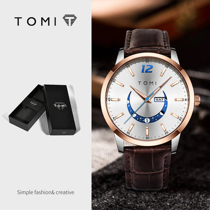 Orologio al quarzo TOMI, dallo stile elegante e professionale, con cinturino in pelle, cassa in lega e quadrante con lancette – Design di alta gamma, idea regalo per uomo