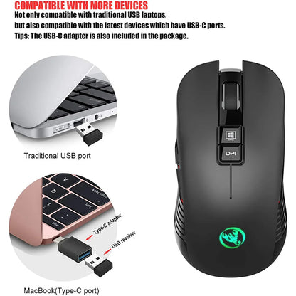 Mouse da gaming wireless 2.4G USB-C ricaricabile 3600DPI a 7 pulsanti, mouse silenzioso Type-C per MacBook, laptop, PC e computer da gioco