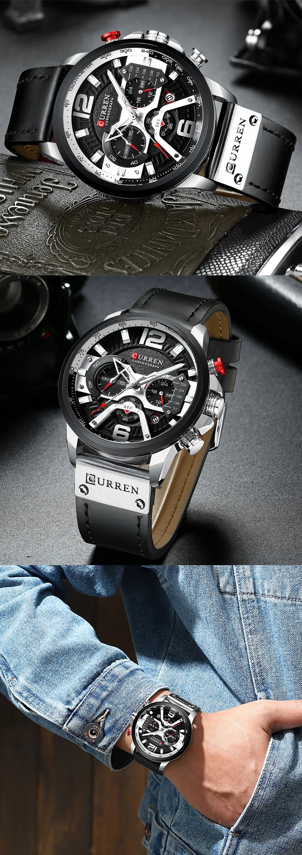 CURREN 8329 Men’s Watch – Casual sporty style, military-inspired design, leather strap, trendy chronograph, luxury watch from a leading brand