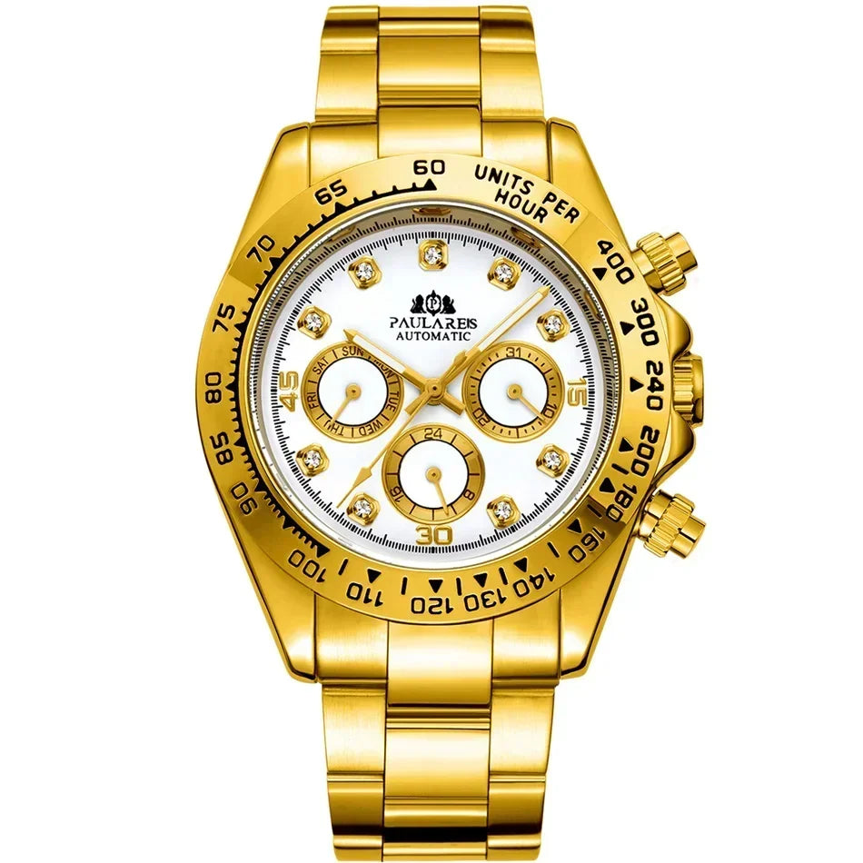 Automatic Mens Watch Mechanical Self Wind Movement Gold Black Stainless Steel Diamonds Stone Sports Luxury Fashion Watches