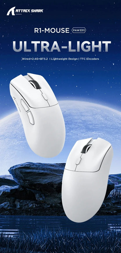 Attack Shark R1 Wireless Mouse for Gaming 1000 Hz PAW3311 Sensor,Rechargeable,Bluetooth Tri-mode,Ergonomic