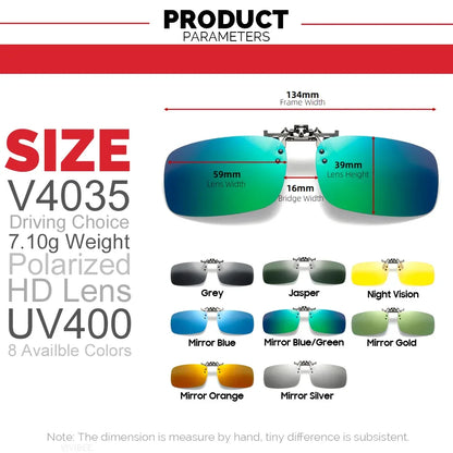 Classic Mirror Blue Flip Up Clip on Sunglasses Fishing Men Square Polarized Lens Metal Night Vision Driving UV400 Women Glasses