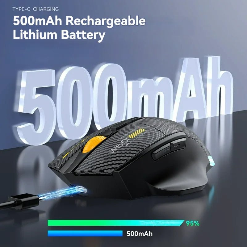 Mouse gaming tri-mode 12800DPI 2.4G Wireless Bluetooth cablato in fibra di carbonio, pulsante silenzioso, programmazione macro, 500mAh, 7 tasti