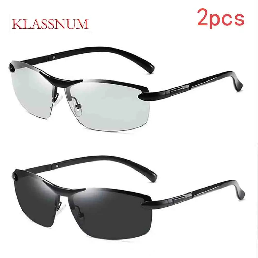 KLASSNUM Men Fashion Cycling Rimless Sunglasses Photochromic Polarized Shades Color Changing Fishing Car Driving Yellow Glasses