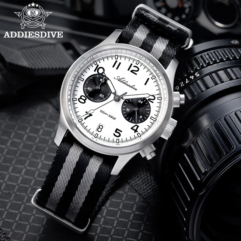 Relógio Masculino ADDIESDIVE 2025 New Panda Eye Retro Luxo VK64 Quartz, Cronógrafo Desportivo, 100M Impermeável, Luminoso