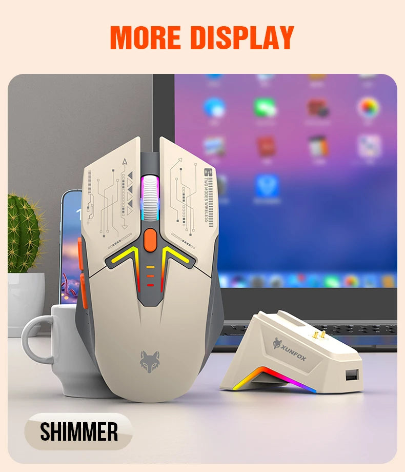 Mouse wireless Bluetooth dual-mode XUNSVFOX H2 con effetti di illuminazione RGB, per laptop, gaming e ufficio, ricarica magnetica