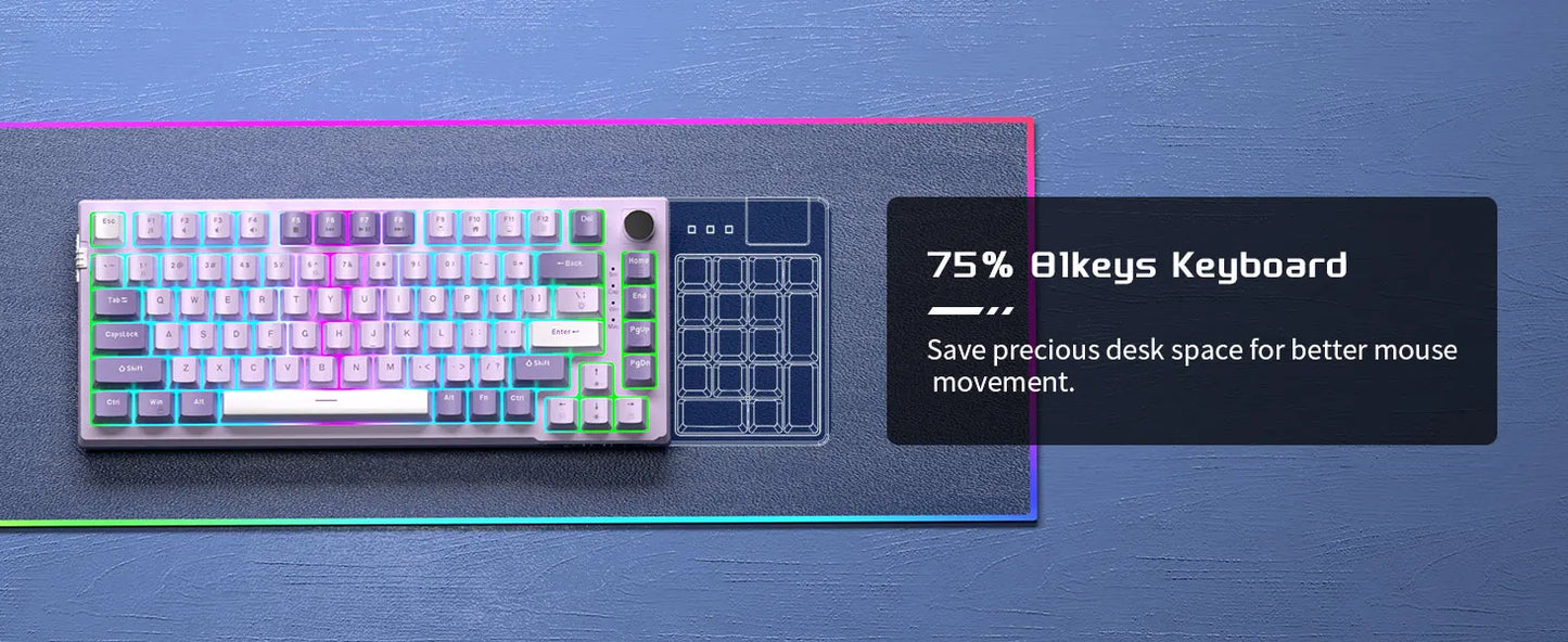Teclado gaming mecânico MageGee SKY81 75%, RGB, gasket mount, hot-swappable, com fios, personalizável, som cremoso, amortecimento acústico e botão rotativo