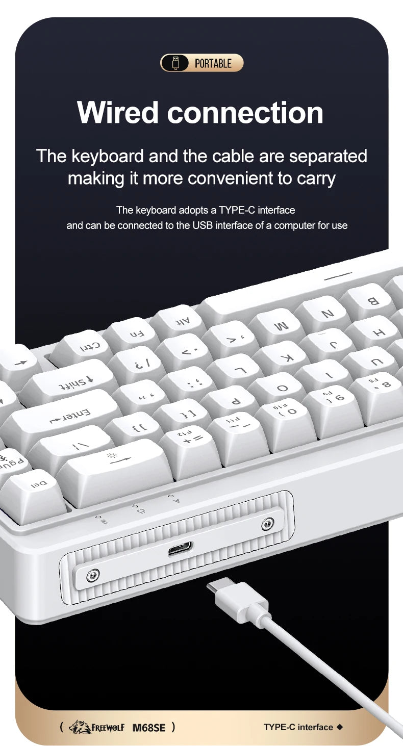 FREEWOLF M68SE Mini-Tastatur mit 68 Tasten, kabelgebunden, RGB-Hintergrundbeleuchtung, Type-C, 68-%-Layout, kompakt, für Gaming, Büro, PC und Laptop