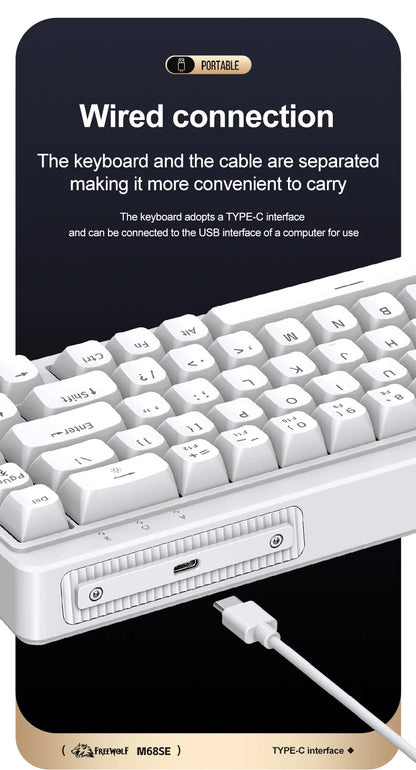 FREEWOLF M68SE Mini-Tastatur mit 68 Tasten, kabelgebunden, RGB-Hintergrundbeleuchtung, Type-C, 68-%-Layout, kompakt, für Gaming, Büro, PC und Laptop