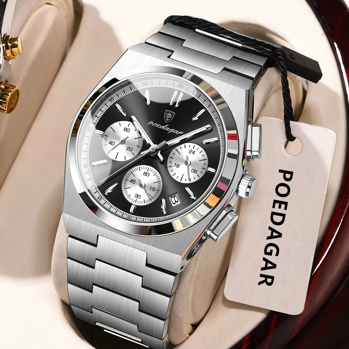 POEDAGAR Men’s Watch – Luxury stainless steel chronograph, with date, water-resistant and luminescent – Sporty quartz wristwatch