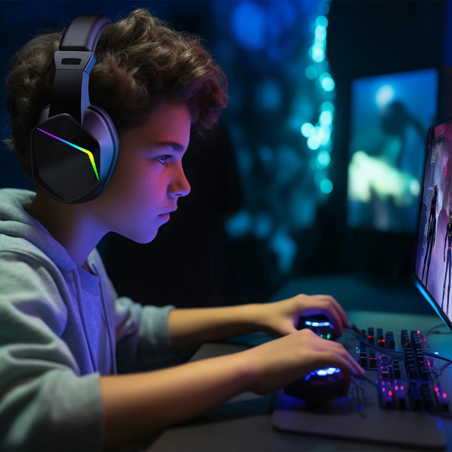 Wireless BT Gaming Headset with LED Lights, Low Latency Gaming Headphones, 40mm Drivers, Over-Ear Gaming Earphones with Omnidirectional Microphone