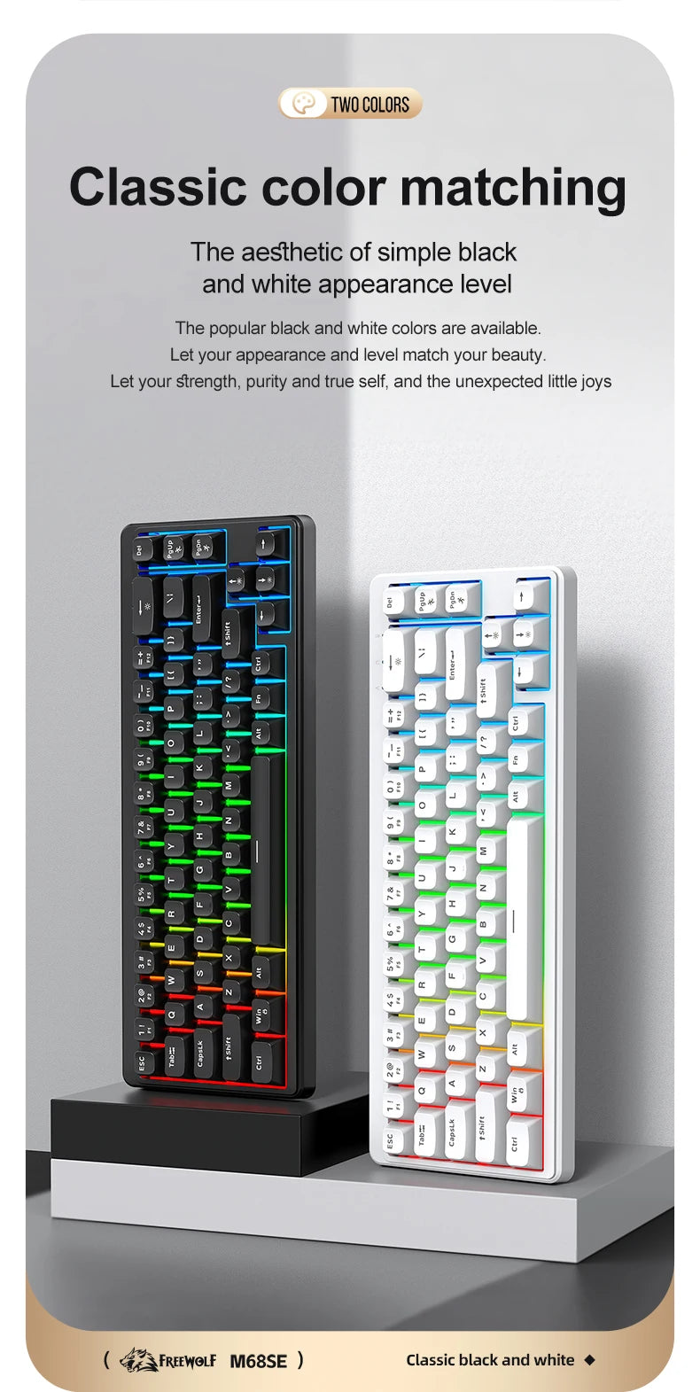 FREEWOLF M68SE Mini-Tastatur mit 68 Tasten, kabelgebunden, RGB-Hintergrundbeleuchtung, Type-C, 68-%-Layout, kompakt, für Gaming, Büro, PC und Laptop