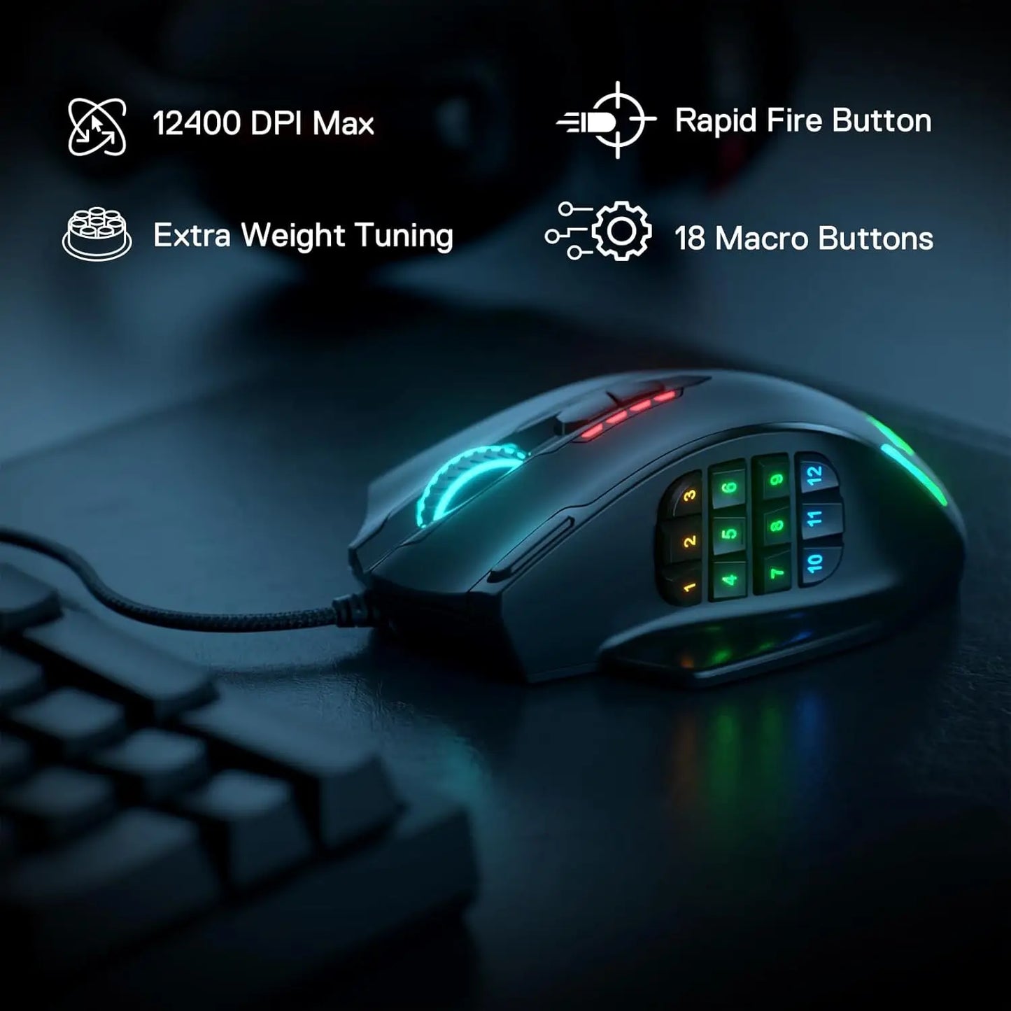 Rato Gaming com Fio USB Redragon M908 RGB com Retroiluminação LED, 18 Botões Programáveis e 12400 DPI